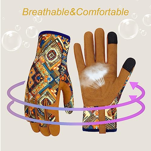 Leather Gardening Gloves for Women Thorn Proof Garden Gloves Touch Screen Working Gloves Gifts,M - color: Bohemian Style a