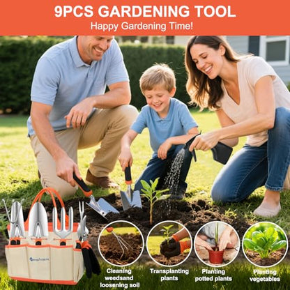 Yesker Gardening Tools 9-Piece Heavy Duty Garden Tool Set Gardening Supplies Gifts for Women Men Gardening Hand Tool Kit with Non-Slip Ergonomic Handle, Garden Bag, Durable Gloves and Shears, Orange - size: 9PCS Black Orange