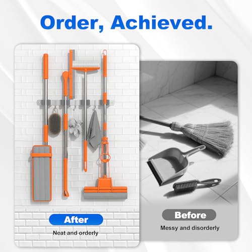 2 Pack Broom Holder Wall Mount Mop Organizer, 4 Racks 3 Hooks