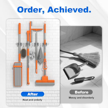 2 Pack Broom Holder Wall Mount Mop Organizer, 4 Racks 3 Hooks