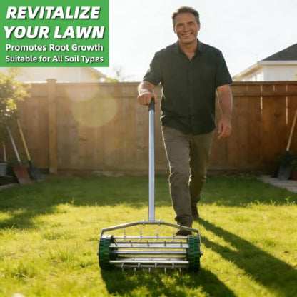 Rolling Lawn Aerator Tool, 57 Inch Back-Saving Handle, Heavy Duty Galvanized Steel Spike Aerator for Grass Roots, 1.4" D Manual Push Loosener