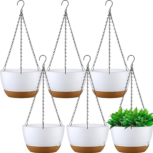 Remerry 6 Pcs 11.2 Inch Hanging Planters Hanging Plant Basket for Indoor Outdoor Plants Set Plastic Hanging Flower Pot with Drainage Holes and Removable Trays for Home Garden (White) - color: White