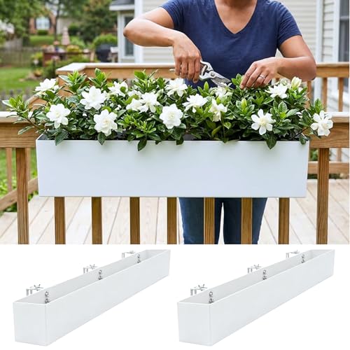 LaLaGreen Planter Boxes Outdoor (36 Inch, 2 Pack) White Metal Rectangular Deck Railings Flower Box with Brackets, Large Planters Plant Holder for Fence Balcony Rail Patio Porch Modern Garden Decor - size: 36" x 2 Pack