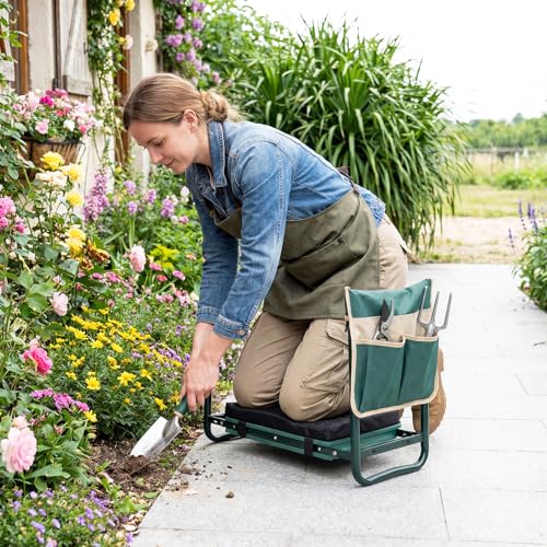 Goplus Foldable Garden Kneeler and Seat, 11" Wide 2-in-1 Gardening Bench, Detachable Thick EVA Foam Pad, 350 lbs Heavy-Duty Metal Frame, Tool Pouch, Portable Stool, Gardening Kit for Seniors (Green) - color: Green, style: With Kneeling Pad