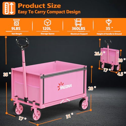 Yozoia 3 in 1 Wagons Carts Foldable,360LBS Beach Cart with Sturdy Wheels - color: Pink, size: 120L
