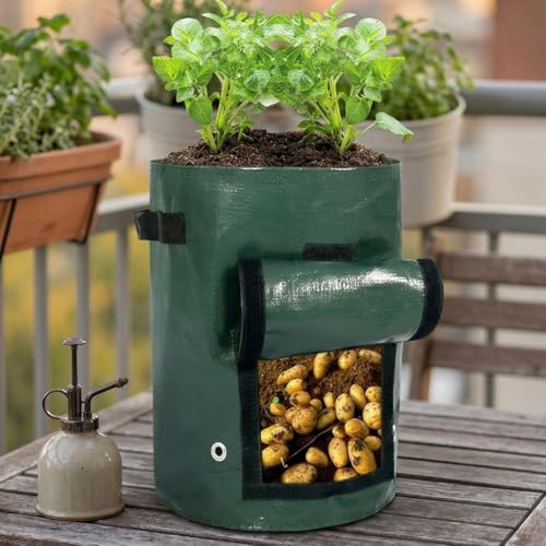 7 Gallon Potato Grow Bags with Harvest Flap and Handles, Durable PE Fabric Planter Pots for Tomato Onion Carrot Fruits Herbs, Outdoor Garden Containers, Green