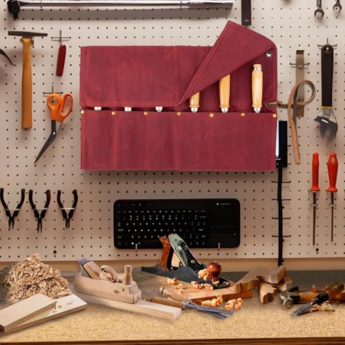 Chisel Roll, 6 Pockets Roll Up Tool Pouch, Waxed Canvas Small Tool Roll - color: Red