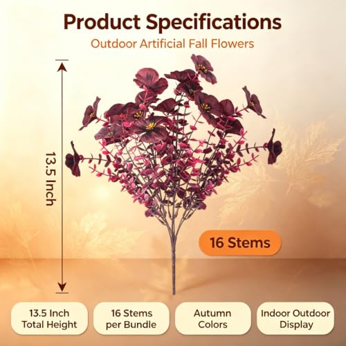16 Artificial Fall Pansy Flowers for Outdoors, UV Resistant Faux Plants - color: Wine Red