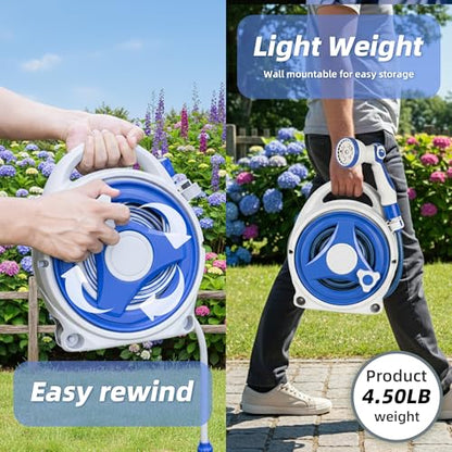 Retractable Garden Hose Reel, Home Hose Reel with10 Patterns Spray Nozzle, Adapts to standard US hose plugs, for Garden Watering, Floor Cleaning, Pet Cleaning, etc (50FT)