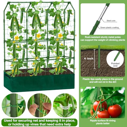 A-Frame Cucumber Trellis - 65 in (H) X 50 in (L) Supports Climbing Plants with Rectangle Raised Bed, Durable Garden Trellis for Outdoor Supporting Cucumbers Peas Vines, Includes Clips & Netting - color: A-Frame 65'' (H) X 50'' (L)+Raised Bed