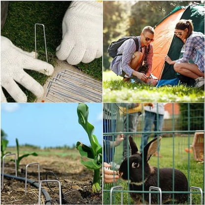 50Pcs Garden Stakes Staples + 50Pcs Gasket, 6 Inch Lawn Landscape Staples 11 Gauge U Shaped Galvanized Landscape Pins, Heavy Duty Yard Ground Pin for Weed Barrier Sod Fabric Decorations