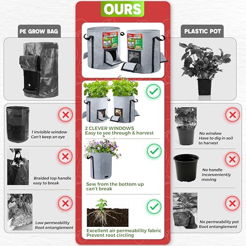 4PCS 15-Gallon Potato Grow Bag-Harvest & Visible Window Garden Planting Bag