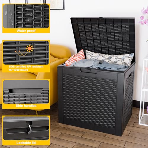 31 Gallon Waterproof Outdoor Resin Deck Box with Lockable Lid, Stylish Wicker Pattern, Easy Assembly Features and Convenient Handles for Patio Cushion, and other Patio Furniture (Black) - color: Black, size: 31 Gallon