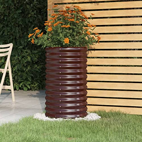 Cylindrical Garden Planter, 15.7 x 15.7 x 26.8 Inch Powder-Coated Steel Metal Flower Pot for Outdoor Patio Balcony Porch Decor, Brown - color: Brown, size: 15.7" x 15.7" x 26.8" & 1
