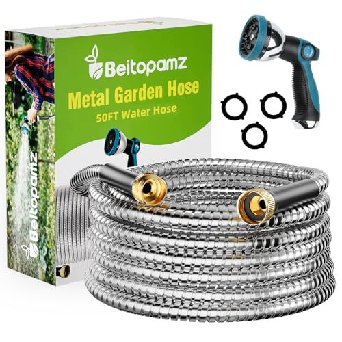 Beitopamz Metal Garden Hose 50 ft with Nozzle, Stainless Steel - size: 50 ft