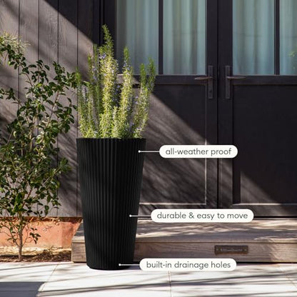 Veradek Demi Series Tall Planter - Tall Tapered Outdoor Planter with Shelf - color: Black, style: Narrow Groove