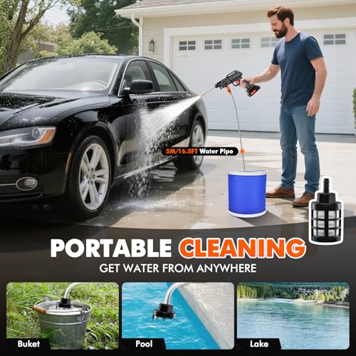 Cordless Portable Washer, 60Bar Handheld Washer, Battery Operated, Washer with Foam Pot, Cleaner with 5m Elastic Hose, for Car Home Outdoor Patio Garden, Lightweight Car Washer