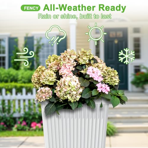 FENCY Set of 2 Tall Planters for Outdoor Plants, White Ribbed - color: White-square Ribbed