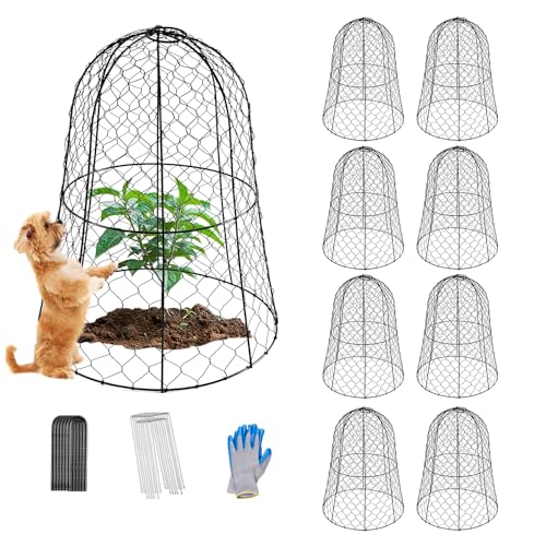 Metal Plant Covers 9 Packs,Heavy Duty Garden Cloche Plant Cage,with Glove & Metal Stakes & Zip Ties,13"x15.7"H Rust-Proof Plant Protectors from Animals for Vegetables,Flowers,Seedlings Against Rabbits