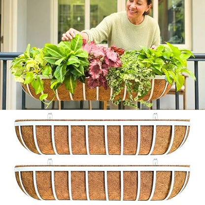 LaLaGreen Deck Railing Planter Boxes (2 Pack, 36") White Metal Extra Large Wall Hanging Planter with Coco Liner, Rectangular Window Flower Box for Outdoor Plants Deck Rail Fence Balcony Porch Patio - size: 36" (91cm) x 2 pack