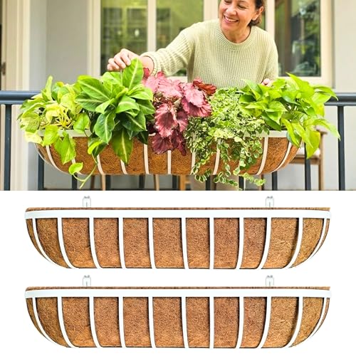 LaLaGreen Deck Railing Planter Boxes (2 Pack, 36") White Metal Extra Large Wall Hanging Planter with Coco Liner, Rectangular Window Flower Box for Outdoor Plants Deck Rail Fence Balcony Porch Patio - size: 36" (91cm) x 2 pack