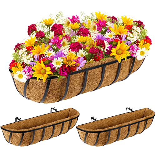 Tessco for you 3 Pieces Railing Planter Boxes, 24 Inches Window Box Planters with Coco Liner and Adjustable Brackets for Deck Porch Fence Patio Balcony Gardening Outdoor Plants - size: 24 Inch