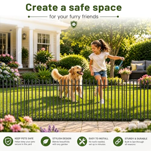 No Dig Decorative Garden Fence, 48in(H)×17.6ft(L), 8 Panels with Gate - size: 48 in(H) X 17.6 ft(L)