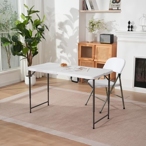 4ft Folding Table with Adjustable Height, 3-Level Foldable Table with HDPE Top & Steel Legs, Portable 4 Foot Folding Table for Picnic, Party, Craft, Indoor Outdoor Use, White - color: White, size: 3-Level Height Adjustable