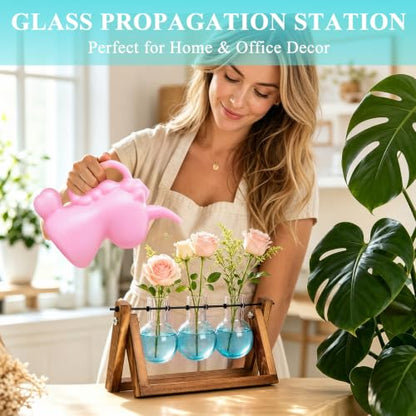 XXXFLOWER Plant Terrarium Kit with Wooden Stand 3 Gradient Blue Bulb Vases - color: Blue
