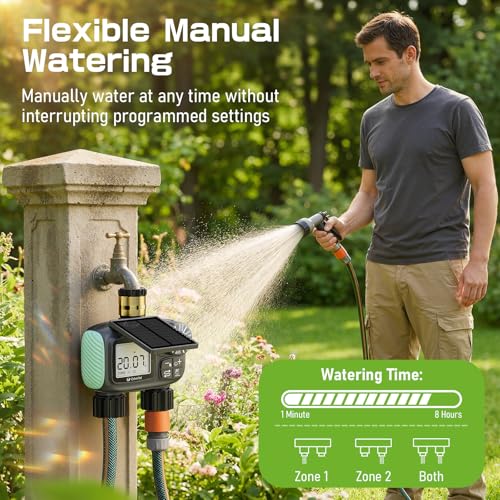 2 Zone Solar Water Timer, Hose Timer with Solar Charging