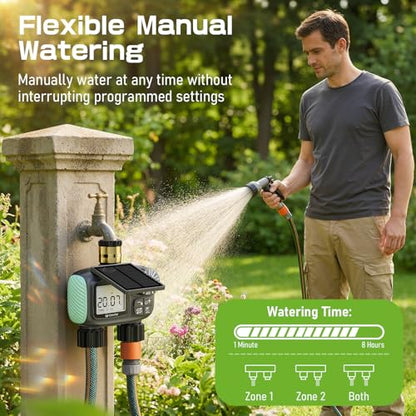 2 Zone Solar Water Timer, Hose Timer with Solar Charging