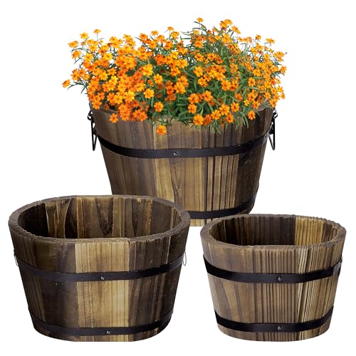 Adnee 3 Pcs Wooden Whiskey Barrel Planters - 3 Sizes Wooden Bucket Barrel Garden Planters Set - Rustic Flower Planters Pots Container for Indoor Outdoor Garden Home Plants(5.3",7.3",8.3")