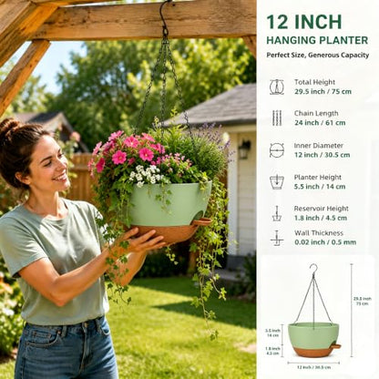 12" Self Watering Hanging Planters with Chains, Green Brown，2 Pack - color: Green Brown, size: 2 pack 12 inches