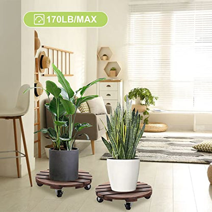 HOHY 2PCS Plant Caddy 12" Plant Stand with Wheels Wood Rolling Plant Stand