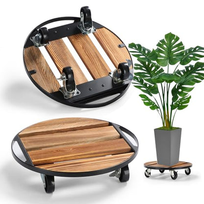 2 Pack Plant Stand with Wheels, 14" Rolling Plant Caddy 264 LB Heavy Duty, Iron and Wood Round Plant Dolly with Metal 360° Lockable Caster Wheels for Outdoor Indoor Large Plant Pots, Flower Pot, Patio - size: 14"- 2pack