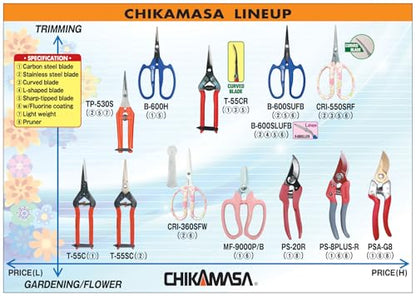 CHIKAMASA CRI-550SRF(Blue), The Specialty Trimming Precise Scissors, Stainless Steel with Fluorine Coating, Curved Blade for Trimming, harvesting vegetables and fruit, wide gardening use. - color: Silver/Blue