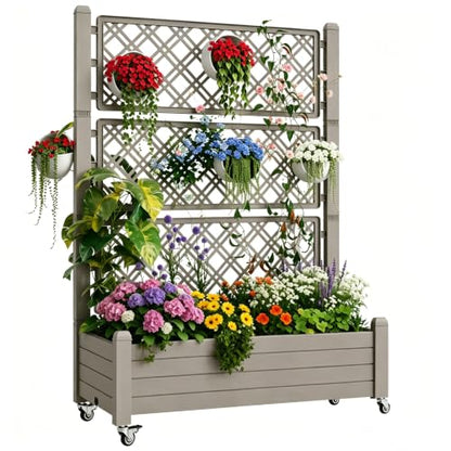 Trellis Raised Garden Bed, Self-Watering Planter Box, Brown - color: Medium Grey, size: 61.2" H