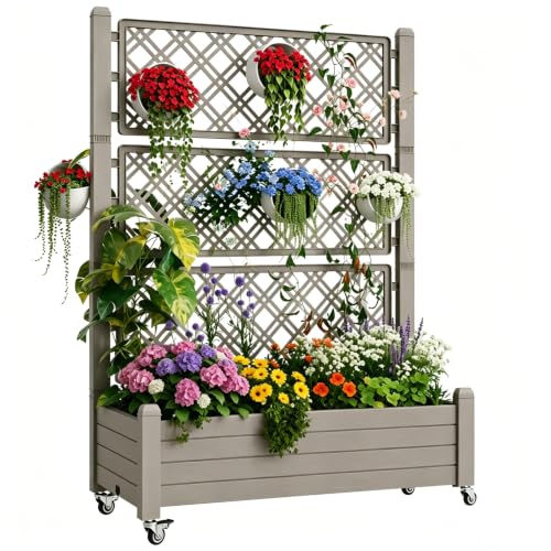 Trellis Raised Garden Bed, Self-Watering Planter Box, Brown - color: Medium Grey, size: 61.2" H