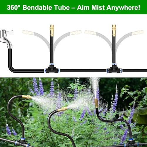 100FT Drip Irrigation System for Garden – Automatic Watering Kit with Solid Brass Metal Connectors, 360° Bendable Tubing &40 Adjustable Nozzles for Greenhouse, Lawn, Yard & Plants - size: 100 FT
