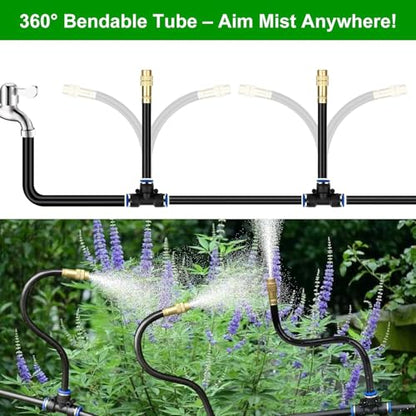 50FT Drip Irrigation System for Garden – Automatic Watering Kit with Solid Brass Metal Connectors, 360° Bendable Tubing &16 Adjustable Nozzles for Greenhouse, Lawn, Yard & Plants - size: 50 FT