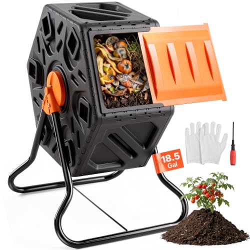 VEVOR Compost Bin, 18.5-Gal Small Composting Tumbler, Compact Single Rotating Chamber with Sliding Door and Steel Frame, BPA Free Composter Bin Tumbler for Garden, Kitchen, Yard, Outdoor - size: 18.5 Gal