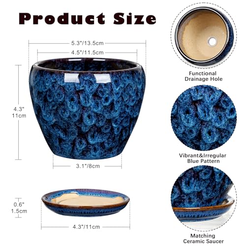 Hollyone Ceramic Planter Blue Ceramic Plant Pot for Plants Flowers 5.5 inch with Drainage Hole and Saucers Ceramic Glaze Round Flower Plant Pot for Indoor Outdoor Round Succulent Orchid Flower Pot - size: 5.5 Inch (Single)