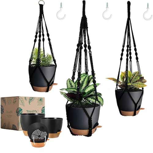 Bouqlife 3 Pack Self Watering Hanging Planters Macrame Plant Hangers with Indoor Flower Pots, 3 Different Size Hanging Basket, Plant Hanger with Hooks for Garden Home Decor Black - color: Black, size: Medium