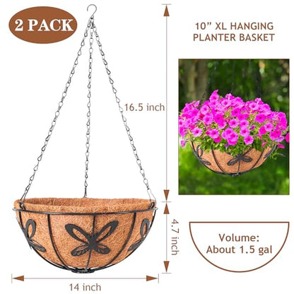 Hanging Baskets Planter for Plants, 2 Pack 14 Inch Round Metal Wire Hanging Flower Pots with Coco Coir Liner Chain, Plant Holder for Home Garden Balcony Decor - size: 14in