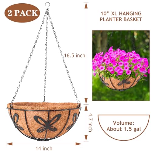 Hanging Baskets Planter for Plants, 2 Pack 14 Inch Round Metal Wire Hanging Flower Pots with Coco Coir Liner Chain, Plant Holder for Home Garden Balcony Decor - size: 14in