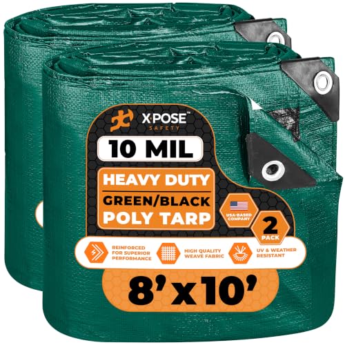 Heavy Duty Poly Tarp - 8' x 10' (2-Pack) - 10 Mil Thick Waterproof, UV Blocking Protective Cover - Reversible Green and Black - Laminated Coating - Grommets - by Xpose Safety - color: Green/Black, size: 8 Feet X 10 Feet (2pk)