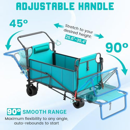 LEVELEVE Heavy Duty Folding Wagon - 2-in-1 Collapsible Cart, All-Terrain Wheels w/Brakes & Side Pockets (Azure Blue, 650lb Capacity) - color: Sky Blue, size: Large