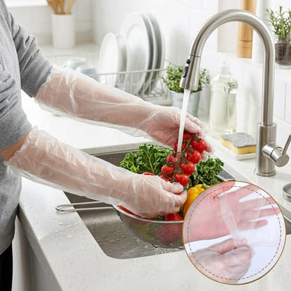 Larrel Long Disposable Gloves for Cleaning, 10Pcs Clear Waterproof Protective Dishwashing Gloves, Long Plastic Glove for Household Cleaning, Dishwashing, Gardening(18.11in/46cm)