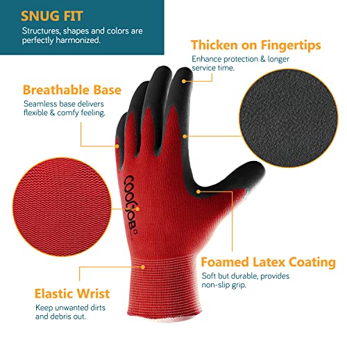 COOLJOB Gardening Gloves for Men, 6 Pairs Breathable Rubber Coated for Garden Weeding Landscaping, Outside Work for Lawn Yard, Men's Medium Size, Black & Red - color: Black & Red (Latex), size: Medium (Pack of 6)