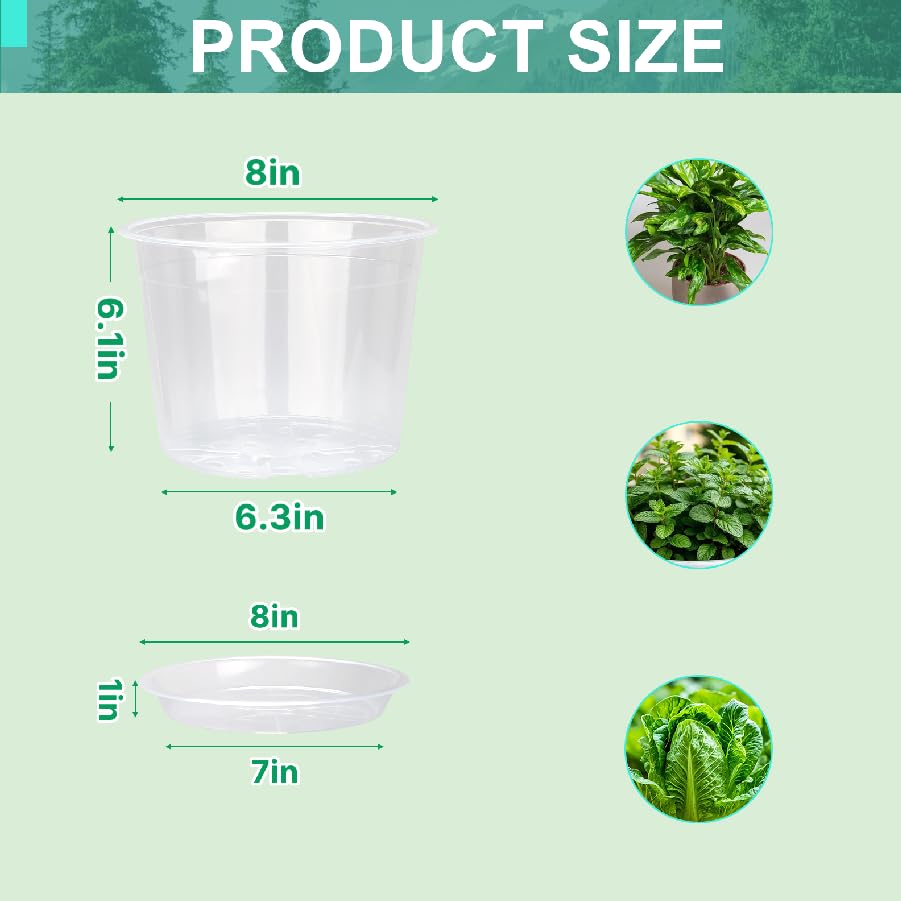 OUPSAUI 8 Inch Clear Nursery Pots with Drainage and Saucer, 5 Pack Large Plastic Pots for Plant, Seedling Starter Pot, Garden Pots for Succulents Flower Vegetables Herb - size: 8 Inch